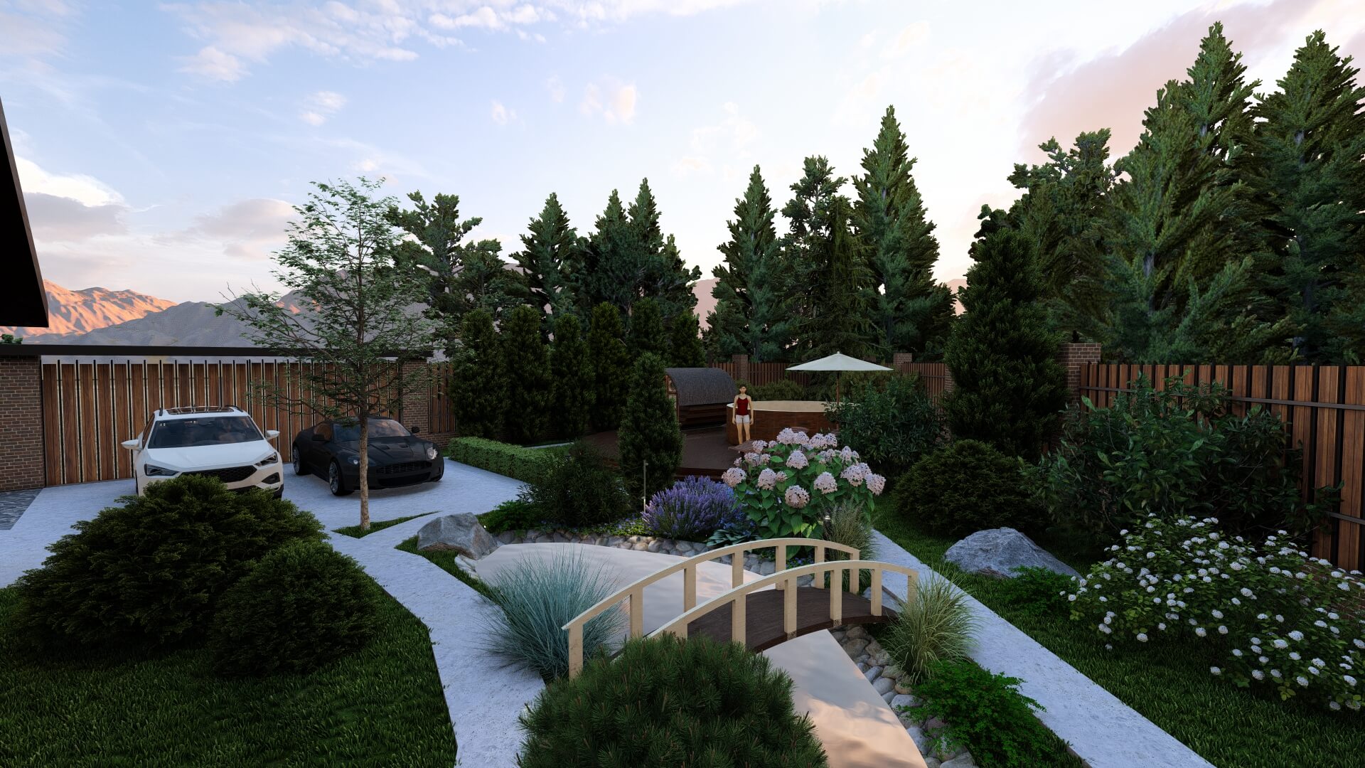 Планировка загородного участка с парковочной зоной, прудом и густым хвойным лесом