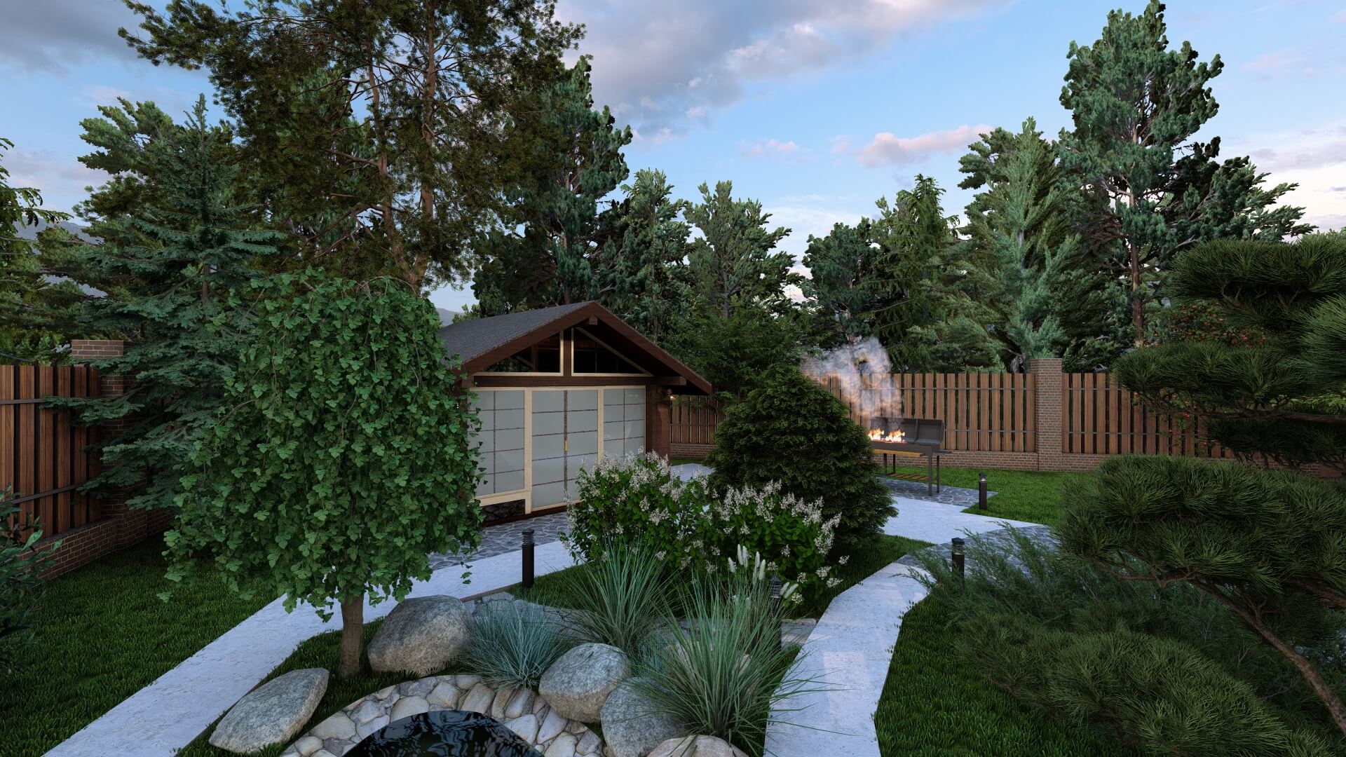 Благоустройство площадки для барбекю с видом на современную баню и декоративные посадки