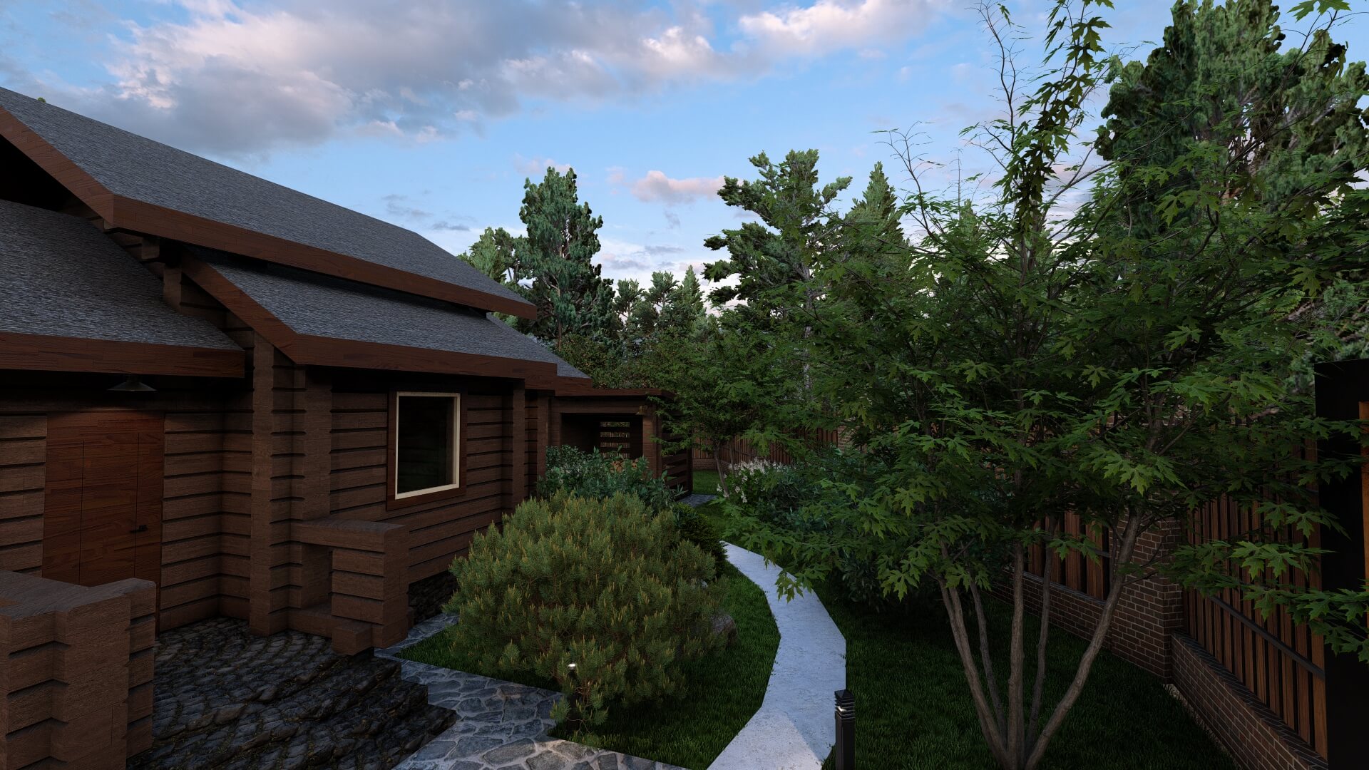 Ландшафтный дизайн лесного участка с домом из клееного бруса и мощеной дорожкой