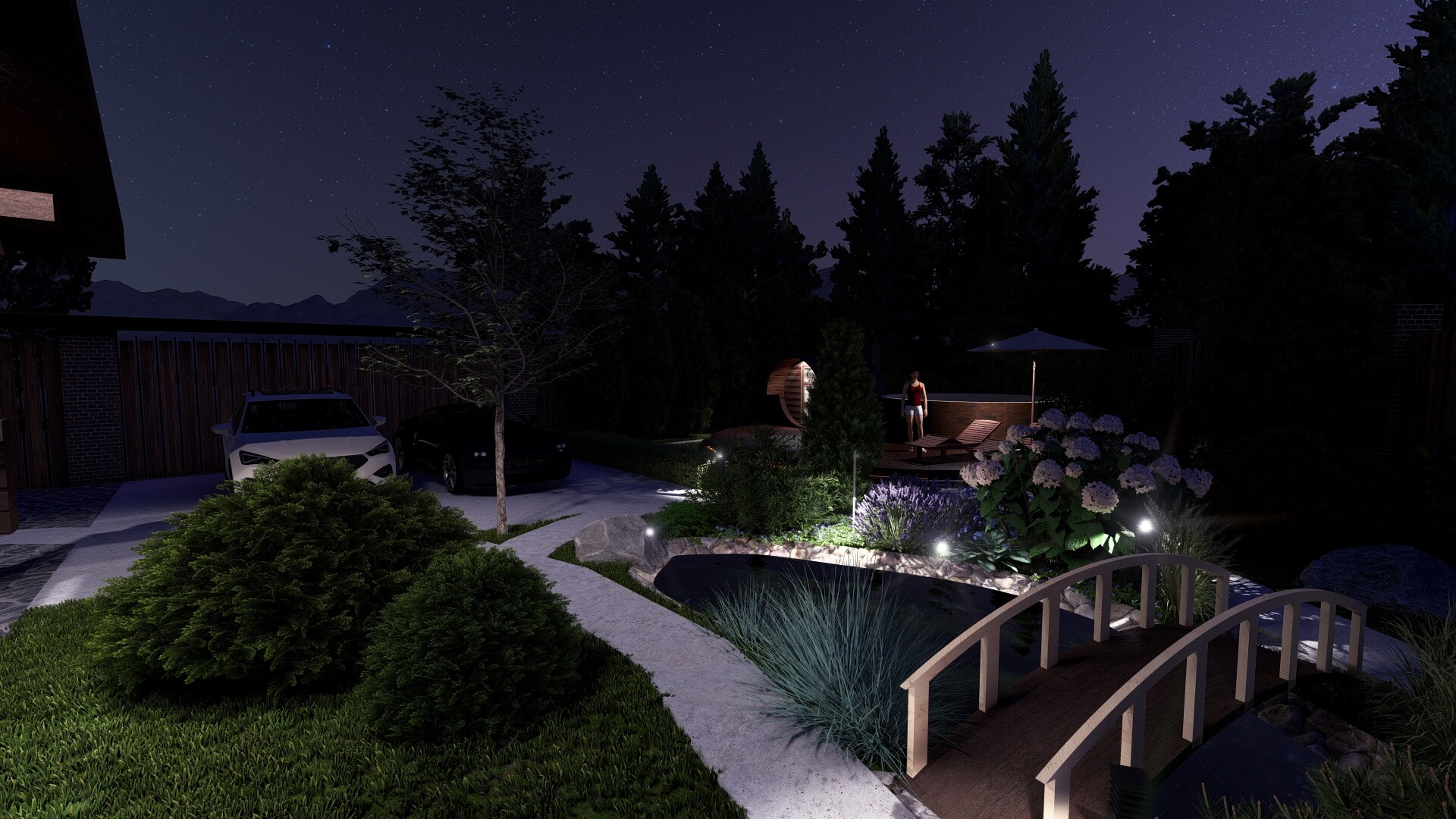 Декоративный водоем с подсветкой и деревянным дугообразным мостиком в ночном саду