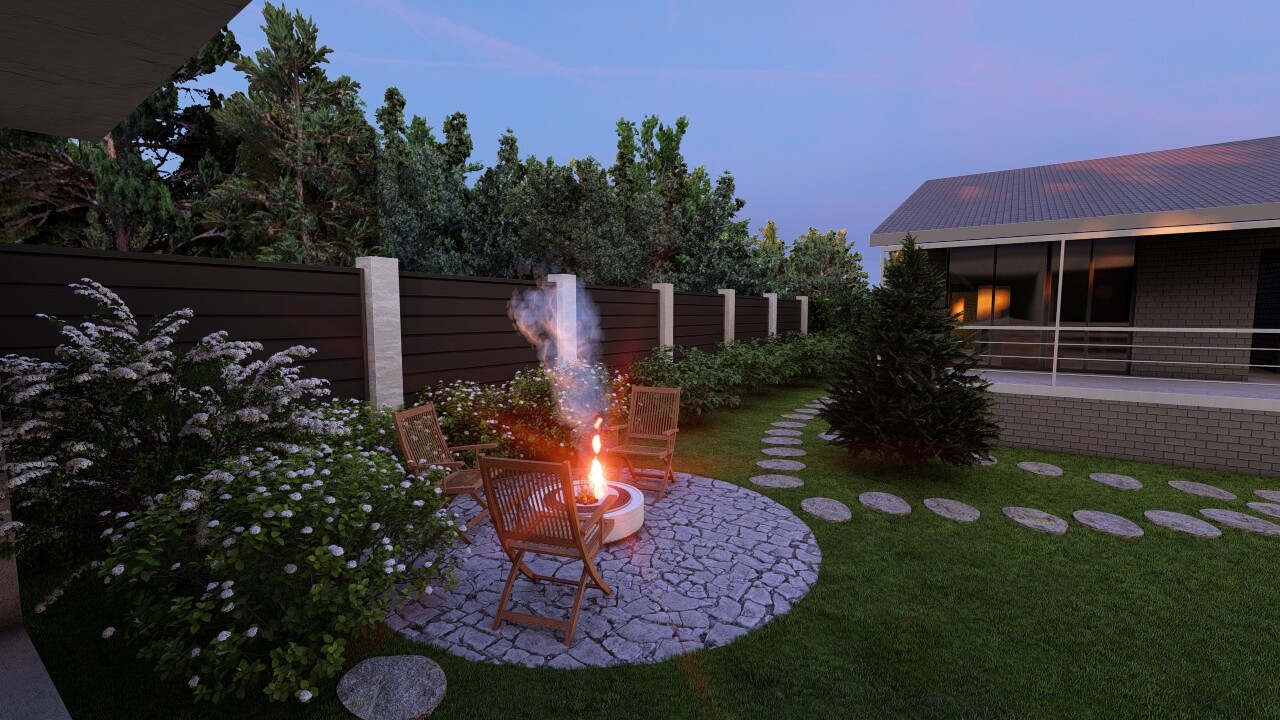 Зона патио с костровой чашей и деревянными креслами в вечернем саду около террассы