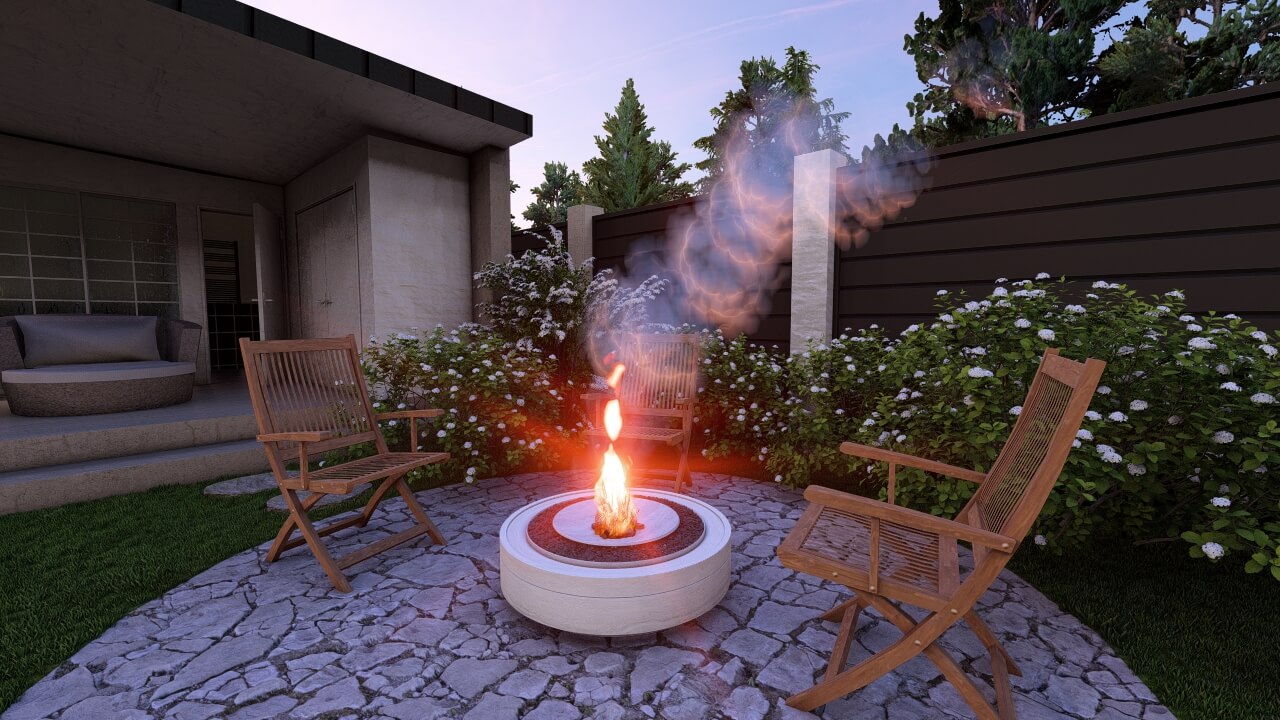 Зона патио с костровой чашей и деревянными креслами в ландшафтном проекте