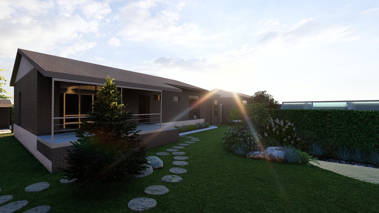 Новогодняя ель на участке с и зона огорода за плотной живой изгородью